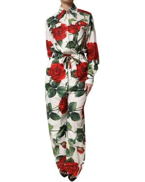 Dolce & Gabbana White Floral Print Cotton Jumpsuit Dress - Red
