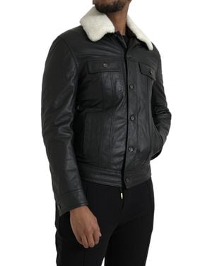 Dolce & Gabbana Leather Fur Collar Biker Coat Jacket - Black