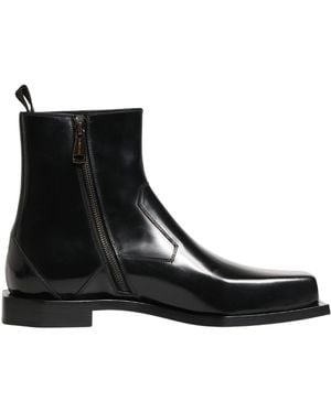 Dolce & Gabbana Black Leather Zip Closure Ankle Boots Shoes