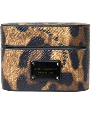 Dolce & Gabbana Leopard Calf Leather Metal Logo Plaque Airpods Case - Metallic