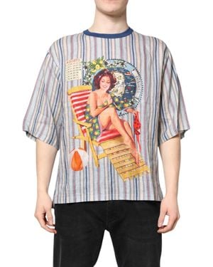 Dolce & Gabbana Multicolour Striped Pin Up Linen Round Neck T - Grey