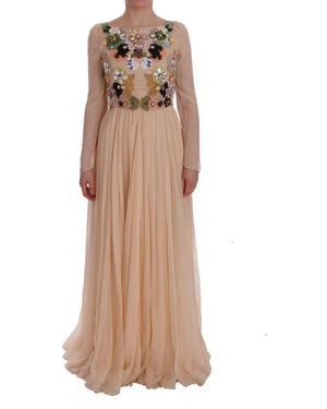 Dolce & Gabbana Silk Floral Crystal Maxi Gown Dress - Natural