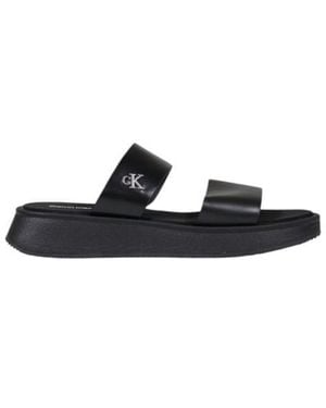 Calvin Klein Black Leather Flat Sandals - Blue