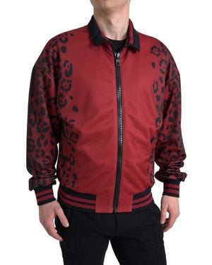 Dolce & Gabbana Leopard Polyester Bomber Full Zip Jacket - Red