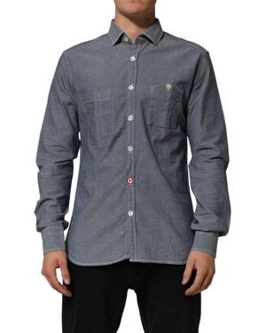 Aglini Blue Denim Regular Fit Collared Long Sleeve Casual Shirt - Grey