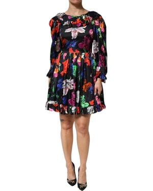 MSGM Dress Black Multicolor Floral Ruffle Long Sleeve Mini Dress