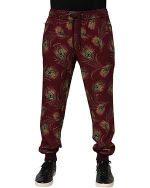 Dolce & Gabbana Burgundy Peacock Feather Print Jogger Trousers - Red