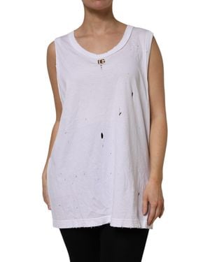 Dolce & Gabbana White Cotton Sleeveless Round Neck Tank Top - Purple