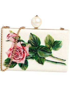 Dolce & Gabbana White Rose Embroidery Silk Gold Frame Clutch Purse Bag - Green