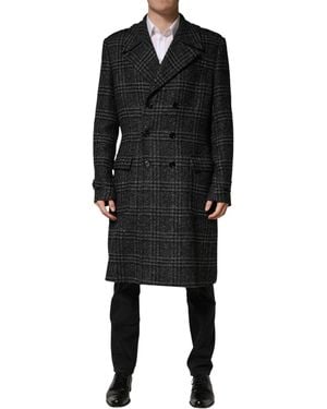 Dolce & Gabbana Grey Double Breasted Plaid Wool Coat Jacket - Black