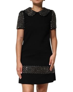 Dolce & Gabbana Crystal Embellished Collared Mini Dress Virgin Wool - Black