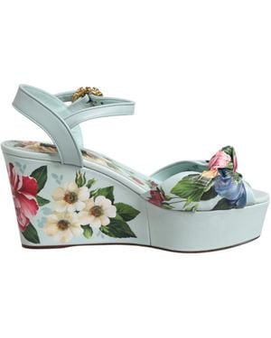 Dolce & Gabbana Green Floral Ankle Strap Wedge Sandals Shoes
