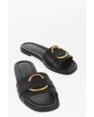 Moncler Leather Sandals With Golden Effect Detail - Black