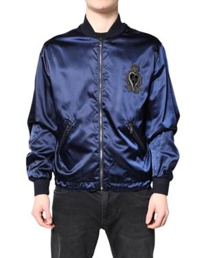 Dolce & Gabbana Blue Nylon Dg Crown Full Zip Bomber Jacket
