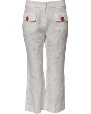 Dolce & Gabbana White Cotton Floral Jacquard Trousers - Grey