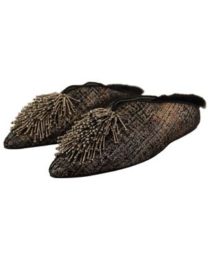 Paola D'arcano Gold Jacquard Leather Embellished Slip On Shoes - Black