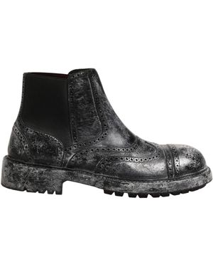 Dolce & Gabbana Black Gray Leather Ankle Chelsea Boots Shoes