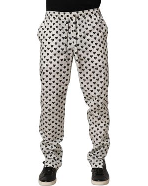 Dolce & Gabbana White Graphic Heart Print Men Trousers Trousers - Multicolour