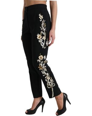 Dolce & Gabbana Dolce Gabbana Black Silk Floral Embroidered Trousers Slim Trousers