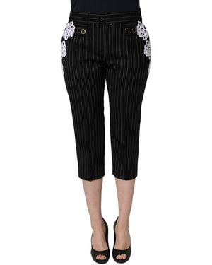 Dolce & Gabbana Black Lace Applique Pinstripe Cropped Trousers