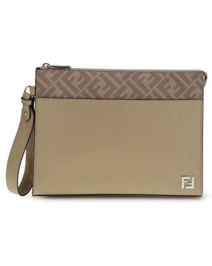 Fendi Leather And Ff Canvas Clutch - Natural