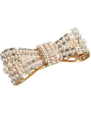 Dolce & Gabbana Tone Brass Bow Crystal Fauxpearl Embellished Brooch - Natural