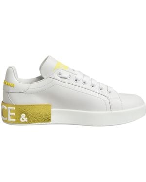 Dolce & Gabbana White Yellow Leather Low Top Trainers Shoes