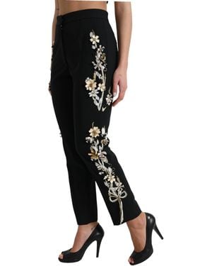 Dolce & Gabbana Dolce Gabbana Black Silk Floral Embroidered Trousers Slim Trousers