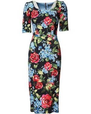 Dolce & Gabbana Black Floral Print Viscose Sheath Midi Dress - White