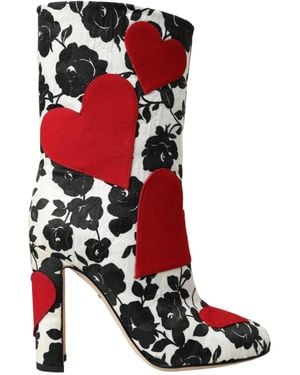 Dolce & Gabbana Floral Hearts Leather High Boots Shoes - Red
