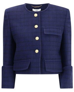 Chloé Boxy Jacket In Wool Plaid - Blue