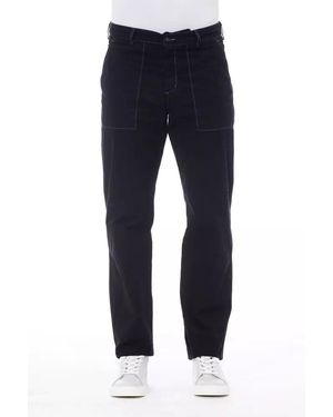 Alpha Studio Chic Cotton Trousers With Contrast Stitching - Blue