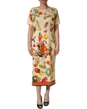 Dolce & Gabbana Beige Fruit Polkadot Sheath Silk Midi Dress - Metallic