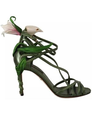 Dolce & Gabbana Acid Green Leather Strappy Flower Heels Sandals Shoes