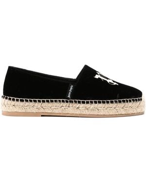 Palm Angels Logo-Embroidered Velvet Espadrilles - Black