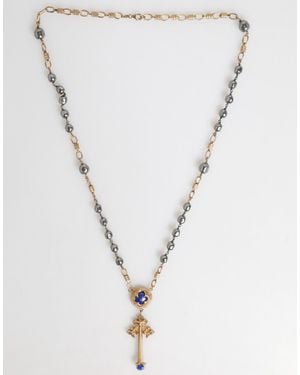 Dolce & Gabbana Gold Tone Beaded Chain Religious Cross Necklace - White