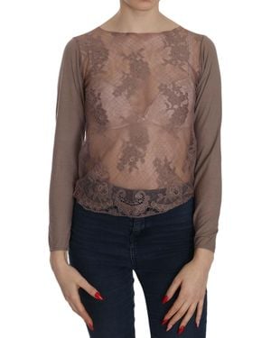 Pink Memories Brown Lace See Through Long Sleeve Top - Blue