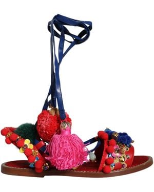 Dolce & Gabbana Multicolour Pom Pom Fur Wrap Sandals Shoes - Red