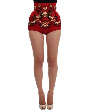 Dolce & Gabbana Silk Crystal Roses Shorts - Red