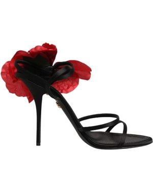 Dolce & Gabbana Black Leather Strappy Flower Heels Sandals Shoes - White