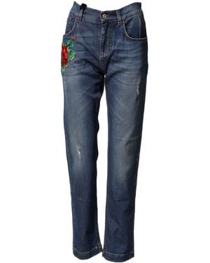 Dolce & Gabbana Blue Floral Embroidered Boyfriend Denim Jeans