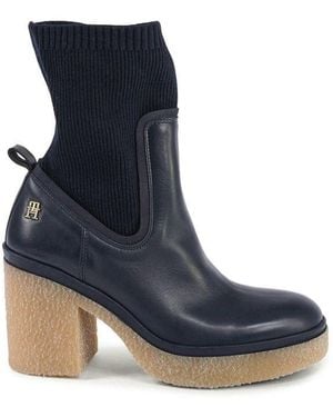 Tommy Hilfiger Ankle Boots Knit Top Block Heel - Blue