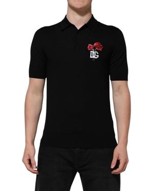 Dolce & Gabbana Black Wool Dg Logo Rose Collared Polo T