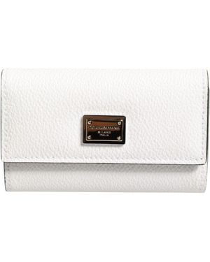 Dolce & Gabbana White Leather Card Case Holder Wallet Gold Logo Plate Key Holder