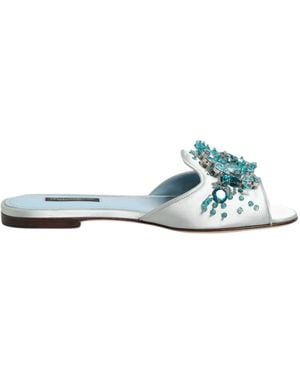 Dolce & Gabbana Silver Blue Leather Bead Embellish Slide Shoes