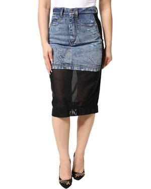 Dolce & Gabbana Blue Black Cotton Denim Sheer Midi Skirt