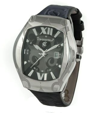 Chronotech Black Leather Watch - Metallic