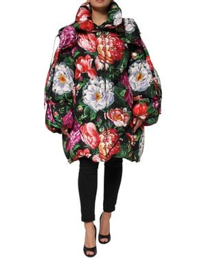 Dolce & Gabbana Multicolor Floral Hooded Puffer Coat Jacket - Red