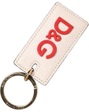Dolce & Gabbana White Calf Leather D&g Logo Metal Ring Keychain Keyring - Pink