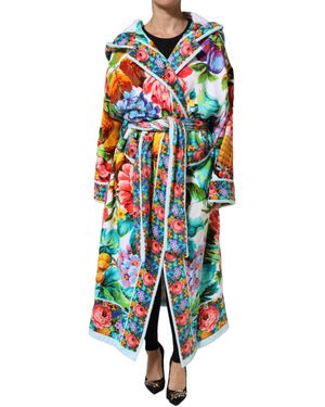 Dolce & Gabbana Multicolour Floral Print Belted Bathrobe Coat Jacket - Blue